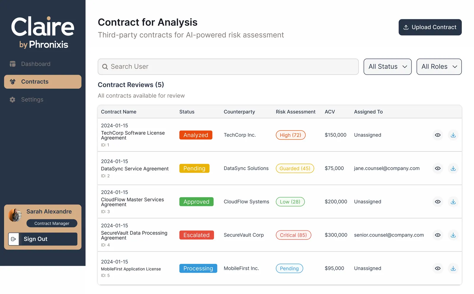 Contract list with status and risk per contract