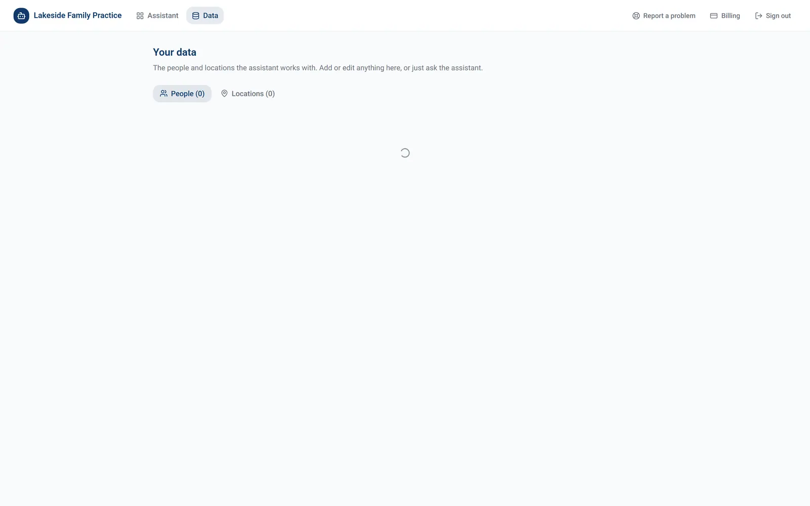 Data tab listing locations and staff created through chat