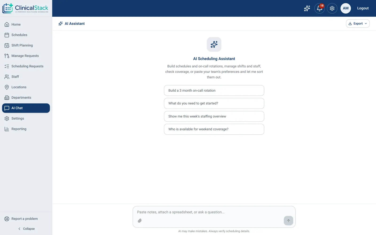 Scheduling assistant home with suggested prompts