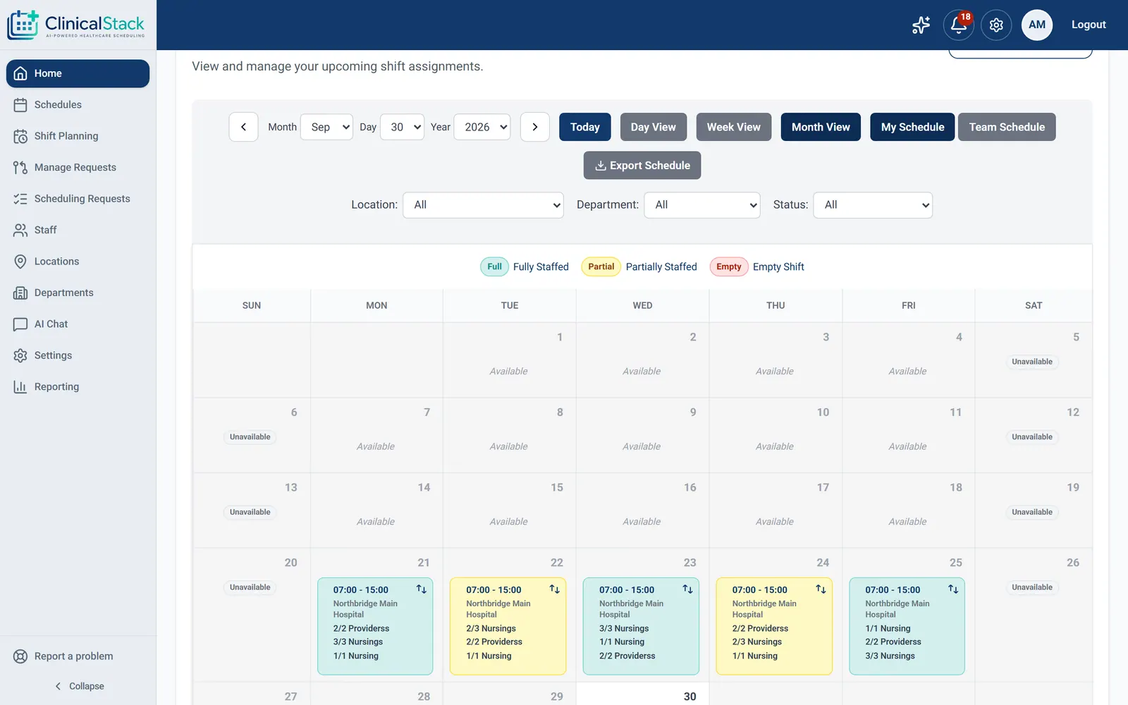 Admin home with alerts, quick actions and upcoming schedules