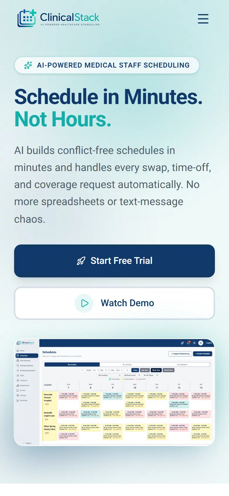 Clinical Stack homepage hero on a phone