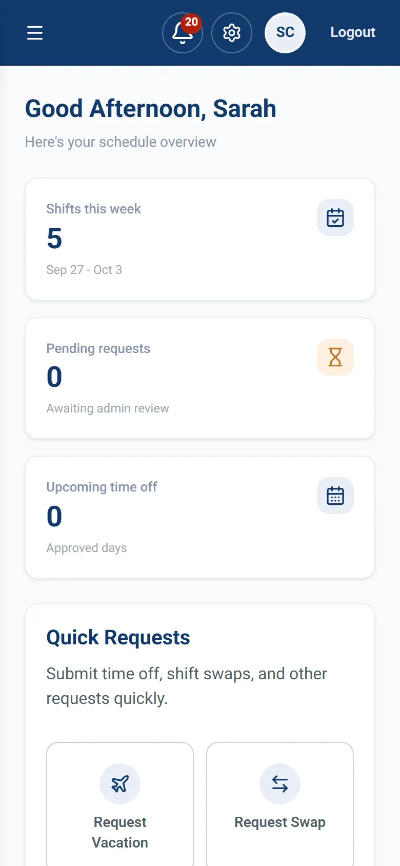 Staff home with this week's shifts and pending requests