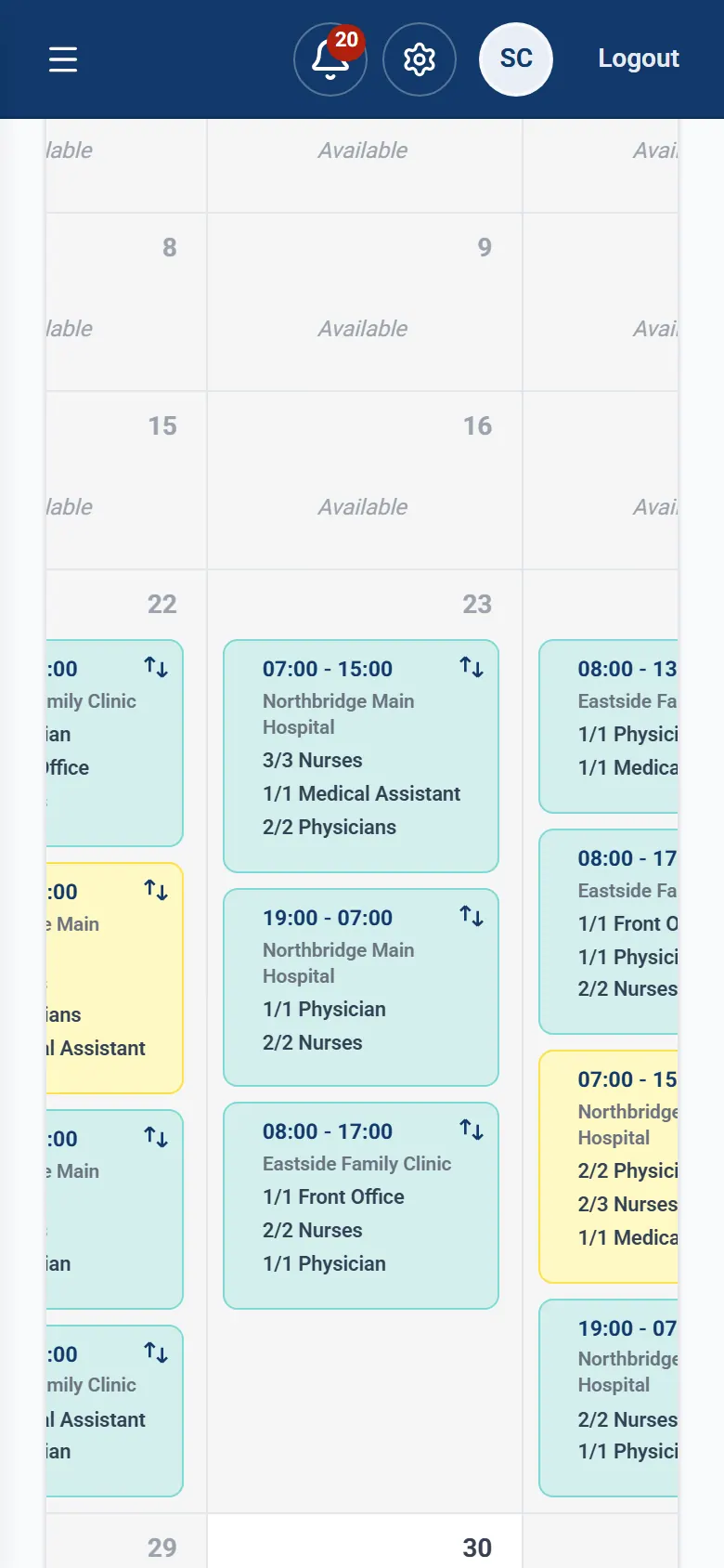 Personal monthly calendar with shifts and available days