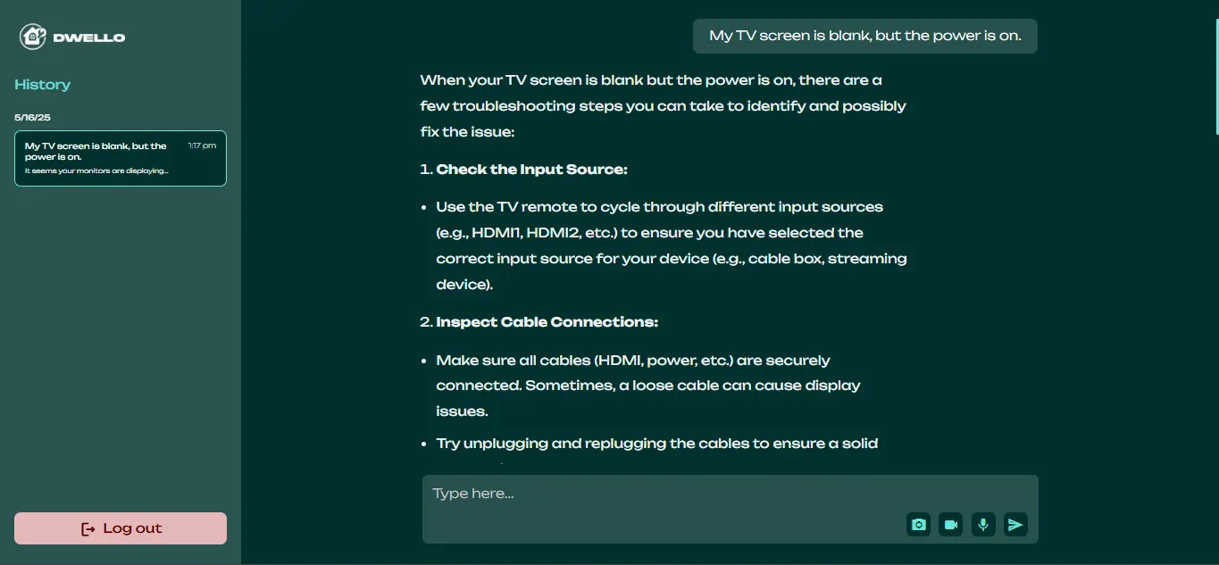 Chat giving structured troubleshooting steps for a blank TV screen