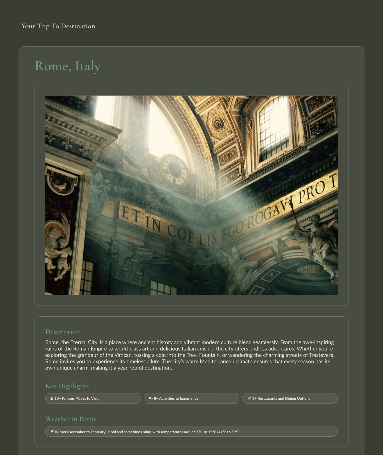 Travel overview for Rome with destination imagery