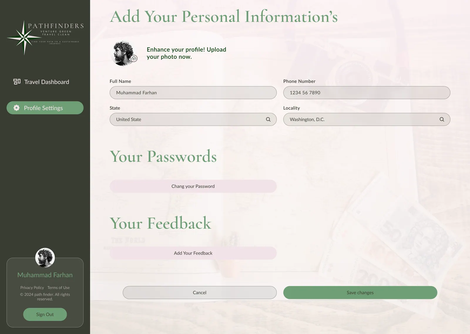 Profile settings with personal information, password and feedback