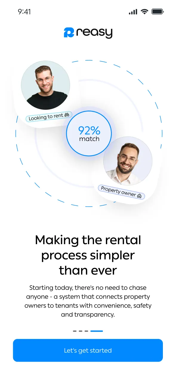 Reasy welcome screen promising a lifestyle match between seeker and owner