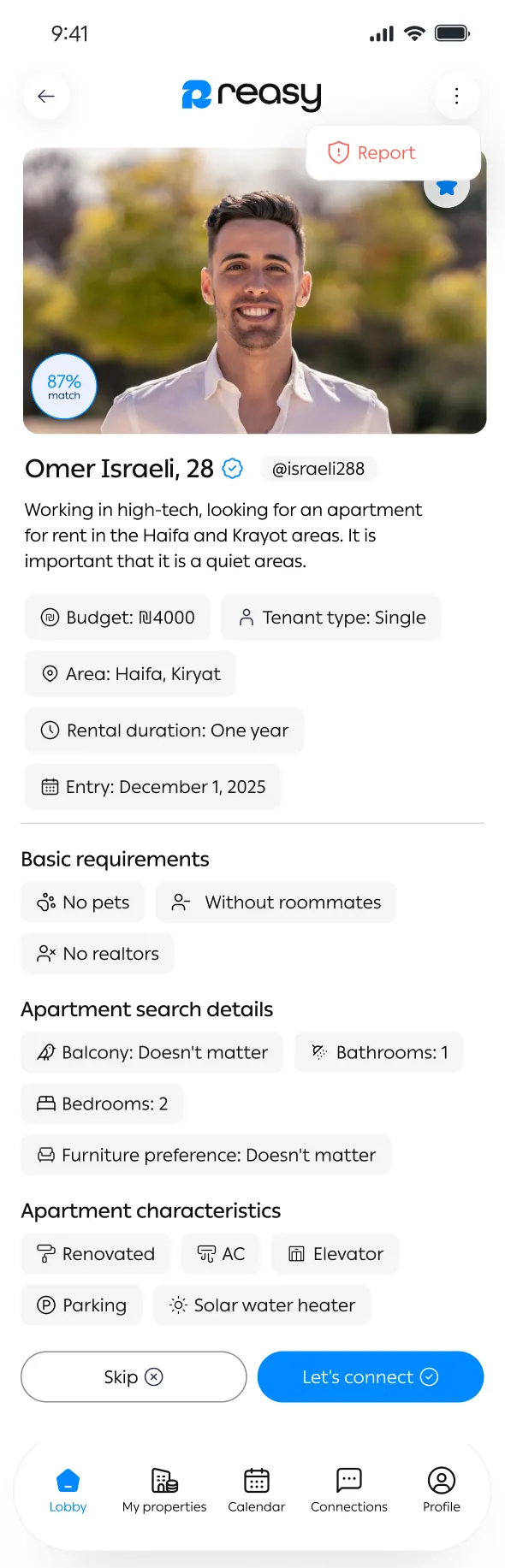 Seeker profile with budget, area and requirements