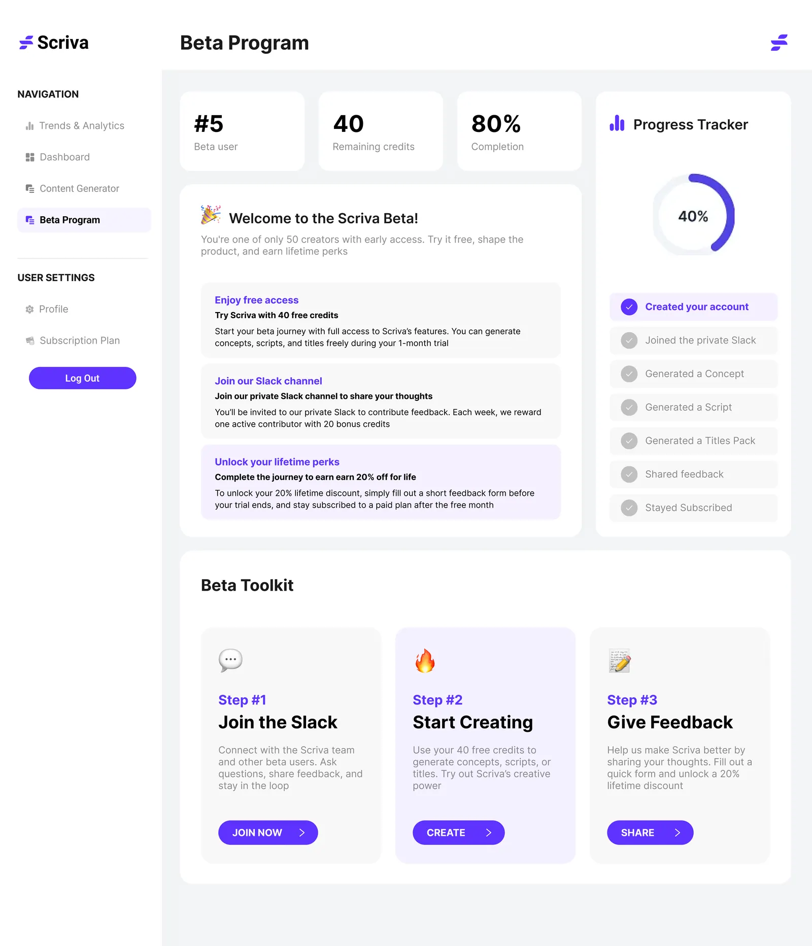 Beta programme with progress tracker