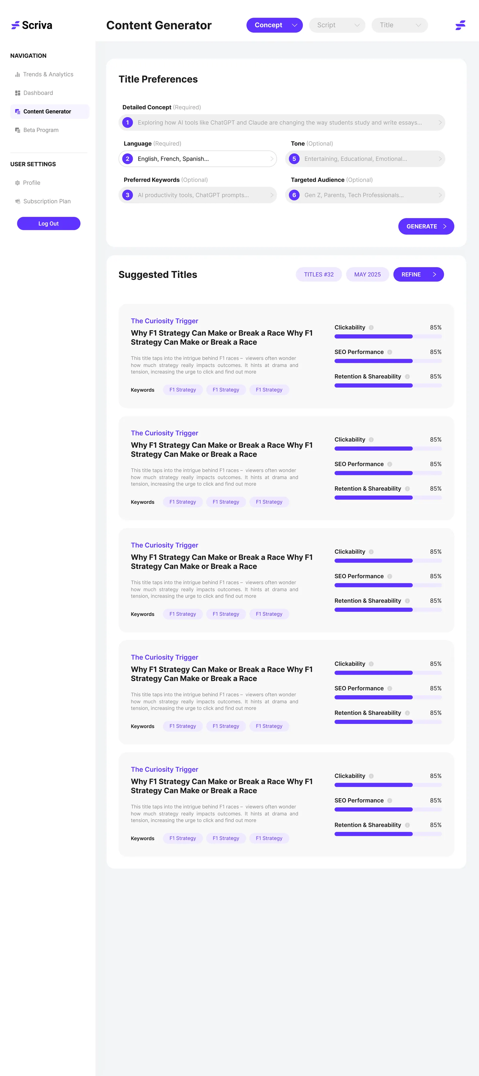 Title generator with scored titles and keyword tags