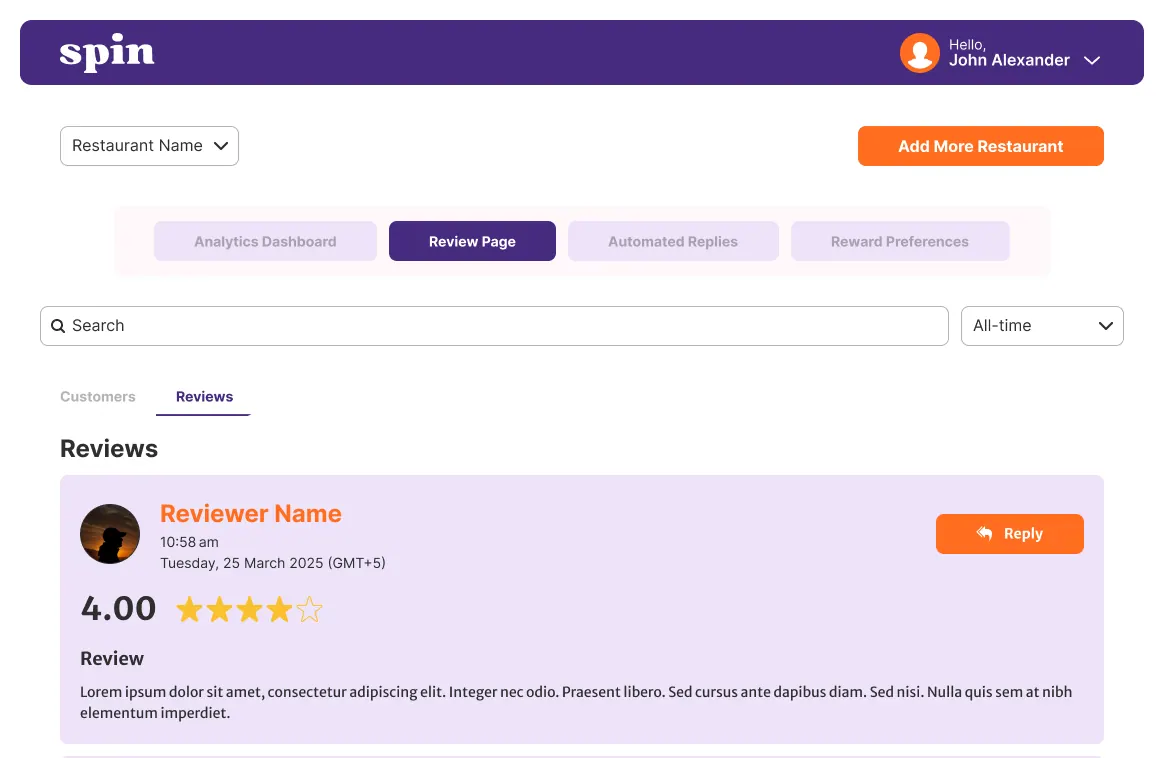 A single review with rating and reply