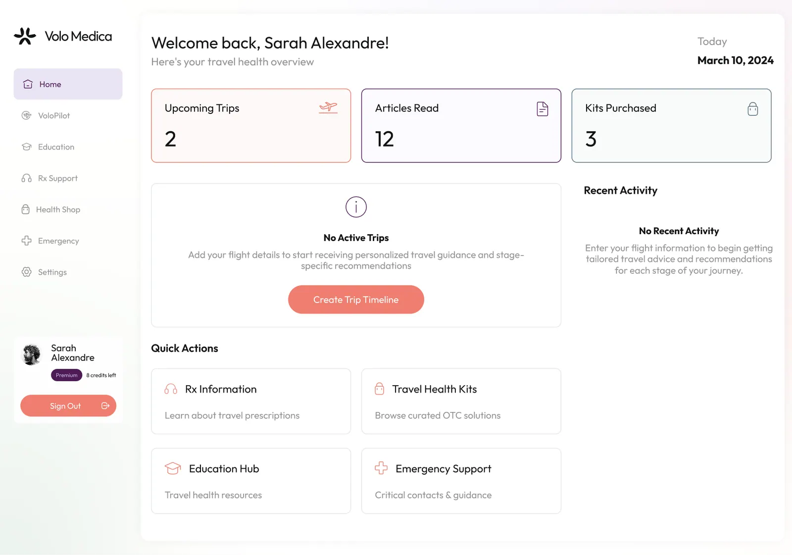 Home dashboard with upcoming trips and quick actions