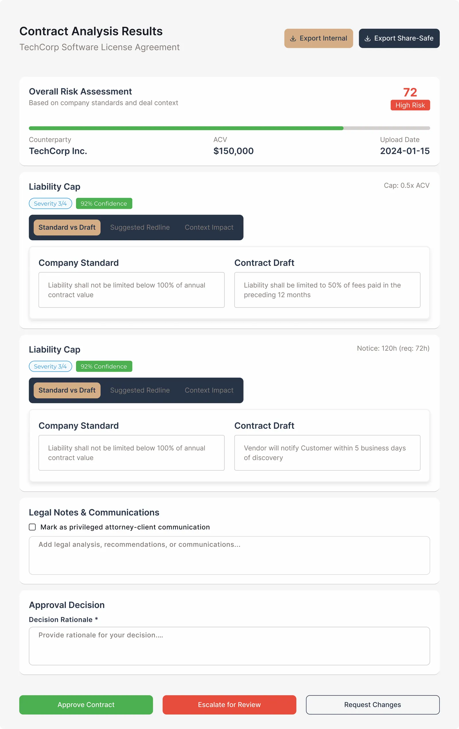 Finding card comparing the company standard against the draft clause