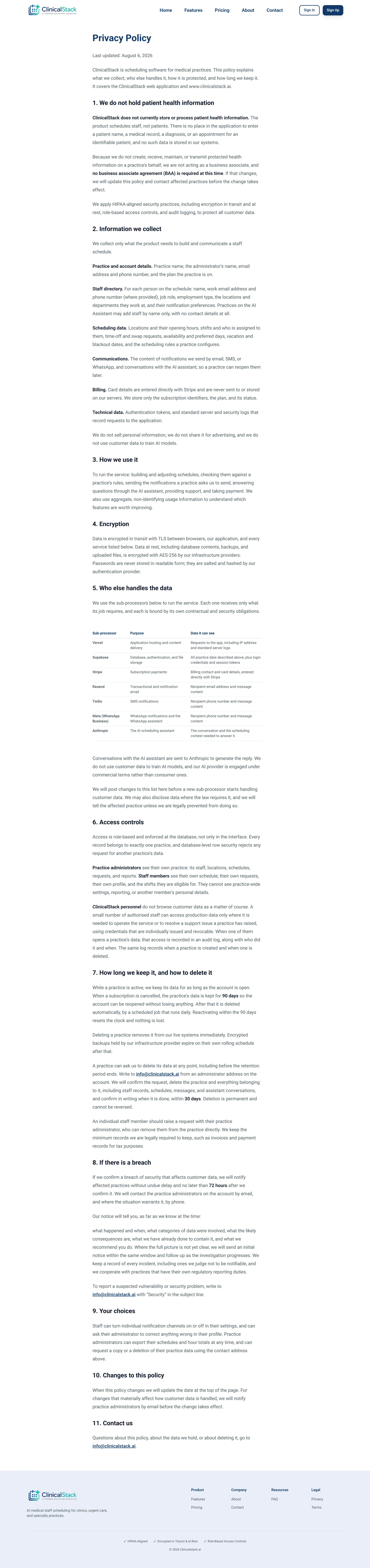 Privacy policy written against the real stack, full length